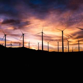 A wind farm at sunset
