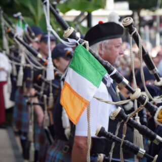 Man playing the bagpipes at the Interceltique Festival held in Lorient, France.