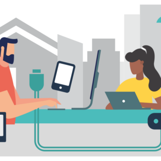 illustration of a man and woman working on computers