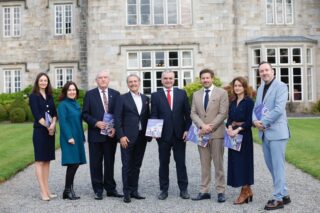 Audrey Crummy, Aisling Moroney, Eugene Cummins, Ernesto Sirolli, Minister Dara Calleary, Allan Mulrooney, Sandra Divilly and Shane Coleman at the launch of WDC report at Lough Rynn Castle, Leitrim