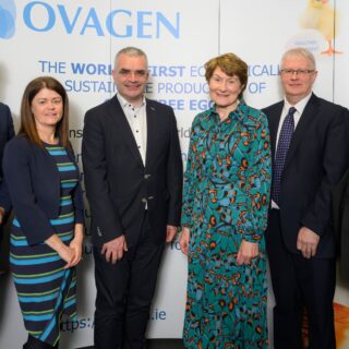 Pictured from L/R Allan Mulrooney (Chief Executive Officer WDC), Gillian Buckley (Investment Manager WDC), Dara Calleary TD (Minister of State for Trade Promotion, Digital Transformation and Company Regulation), Dr. Catherine Caulfield (co-founder and CEO of Ovagen), Dr. Martin Murphy( Project Director Ovagen) and Dr. Leonard Moran co-founder & Chairman, Ovagen. Pic: Michael McLaughlin